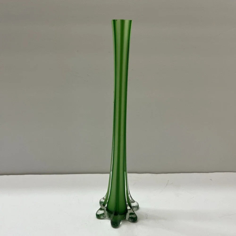Vintage Art Glass Bud Base Green Clear Accents Petal-Shaped Base 11.5